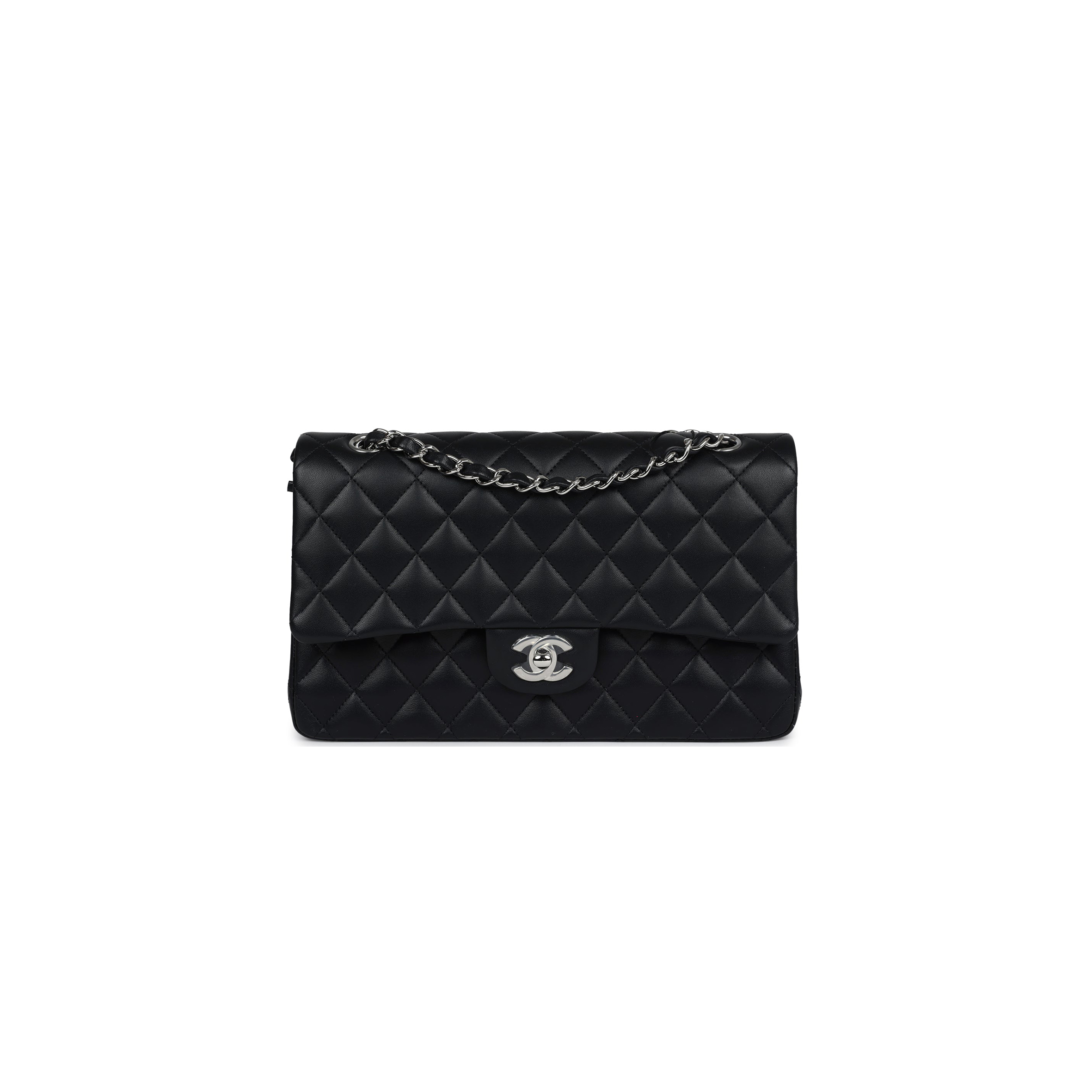 CHANEL MASTER MEDIUM CLASSIC DOUBLE FLAP BLACK LAMBSKIN SILVER HARDWARE A01112  (25.5*15.5*6.5cm)